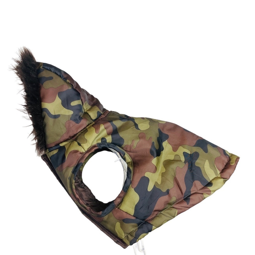 Simply Dog Camo Dog Coat Jacket Faux Fur Hood Trim